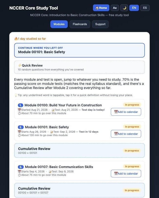 Free study tools built by Lawrence Totimeh Jr.: module list with progress badges, exam countdowns, and calendar reminders