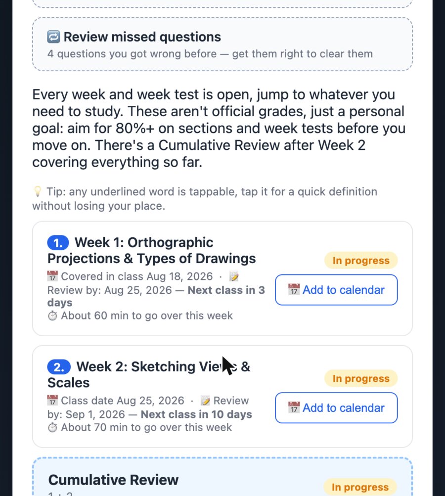 Print Reading study tool: week list with progress, textbook page references, and calendar reminders